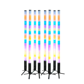 Four Both Lighting 360 LED Tube Lights in a black soft bag, wireless battery-powered RGBWA DJ and photo booth lighting setup.