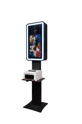 Open mirror photo booth touchscreen with sleek design, featuring DSLR camera setup and vibrant display for event photography.