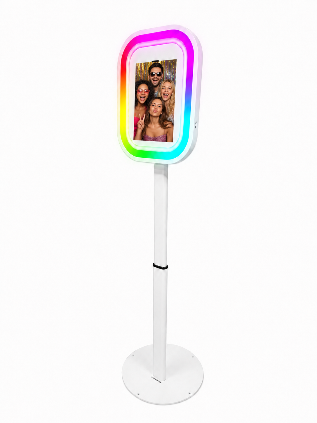 LED iPad photo booth frame stand with rainbow glowing border and portrait display