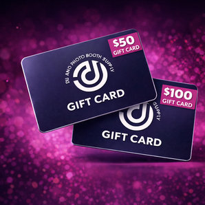 DJ And Photo Booth Supply gift cards displayed with a promotional message for bonus gift card offers.