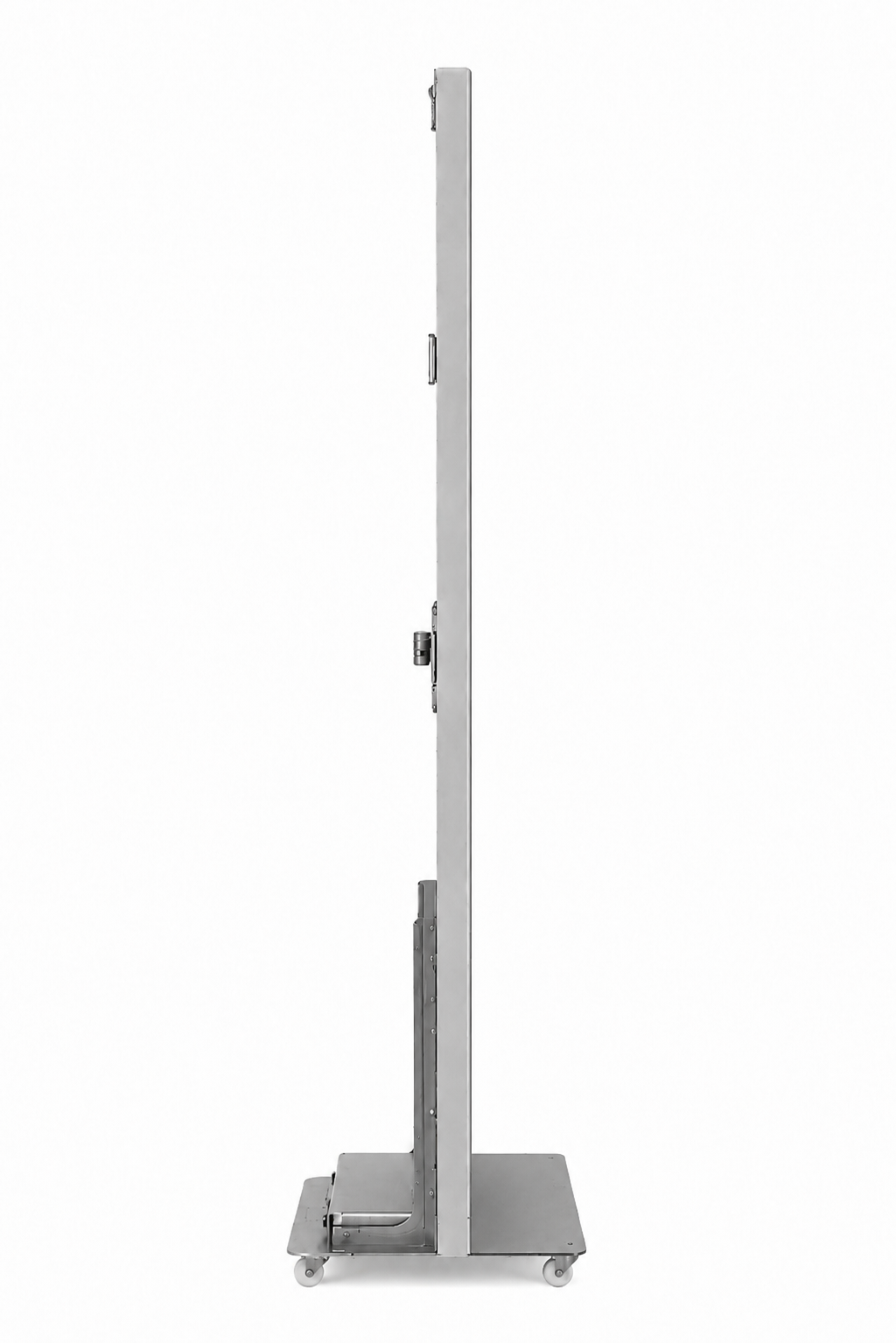 Foldable LED poster display frame on wheels, upright silver metal support