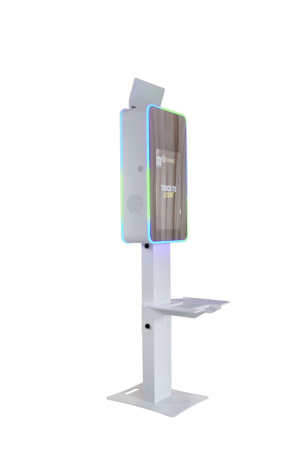 Mirror photo booth touch screen on white stand with blue LED glow