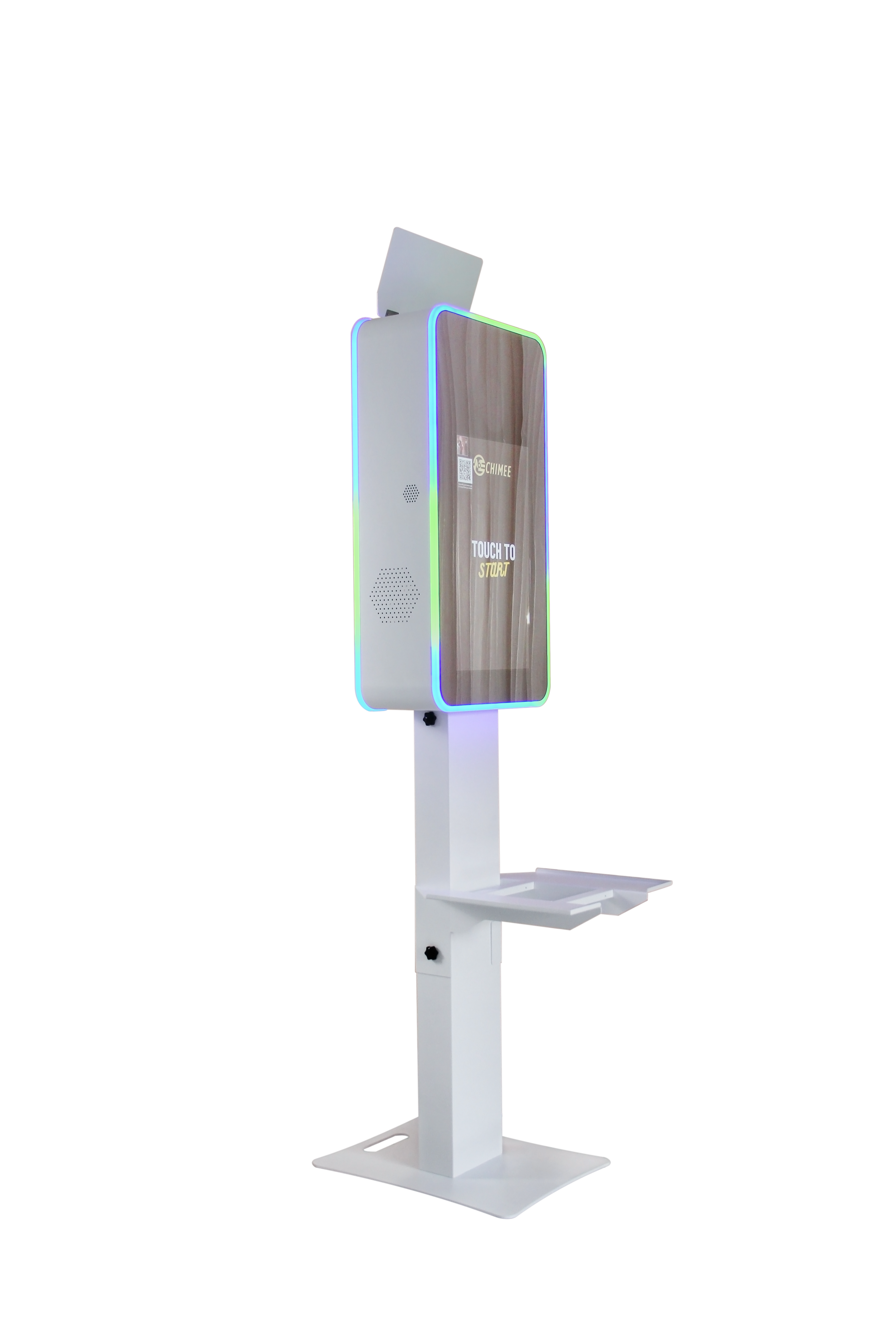 Mirror photo booth touch screen on white stand with blue LED glow