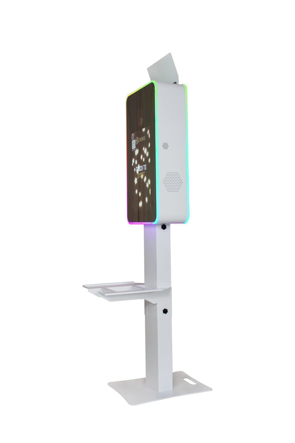 Mirror photo booth touch screen on white stand with multicolor LED edge