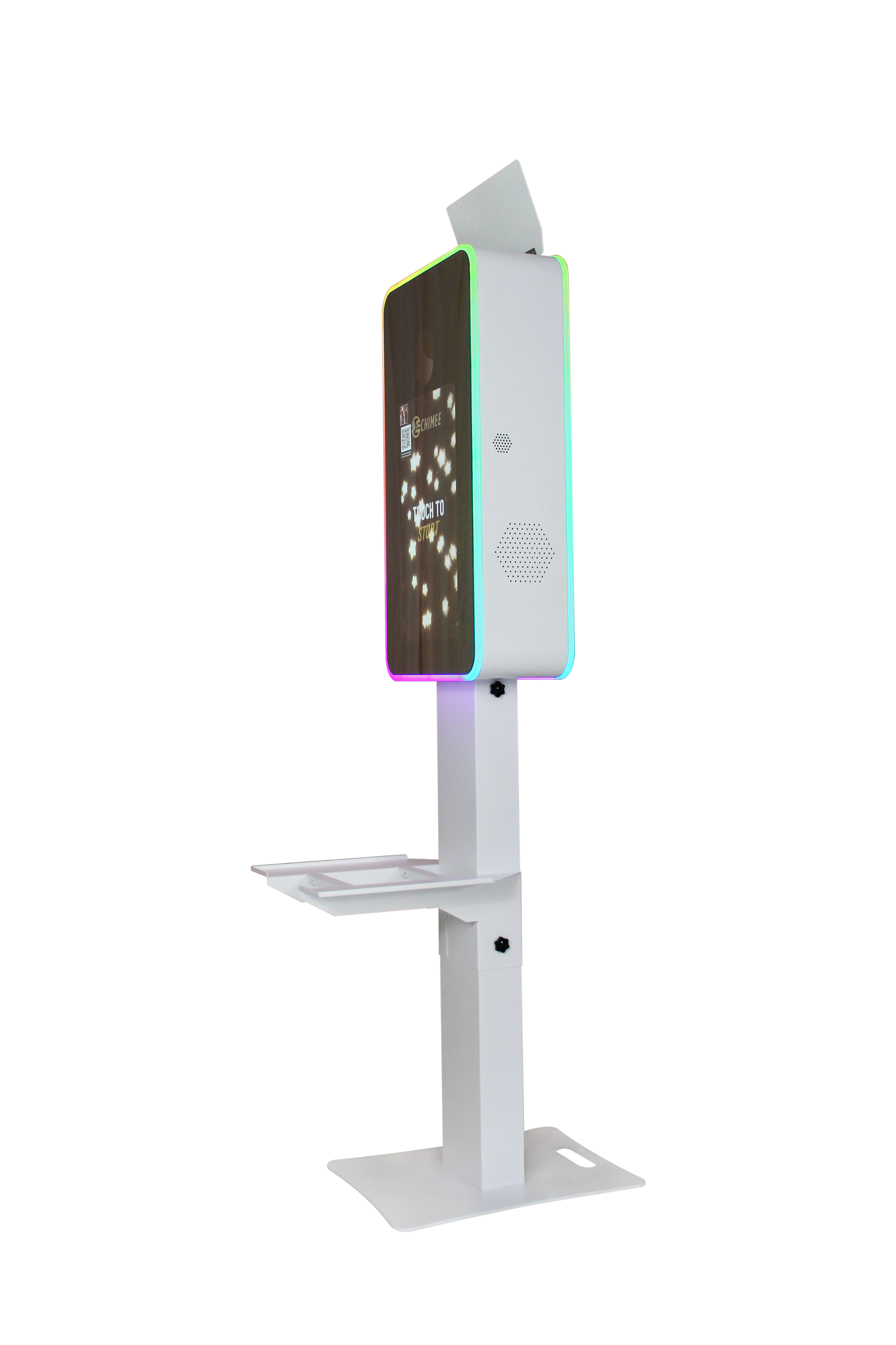 Mirror photo booth touch screen on white stand with multicolor LED edge
