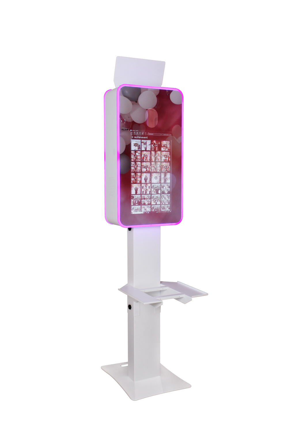 Mirror photo booth touch screen on white stand with pink LED frame