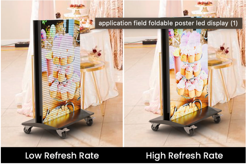 Foldable dual-sided LED poster display by DJ And Photo Booth Supply showing vibrant digital signage screens in a portable, foldable design.