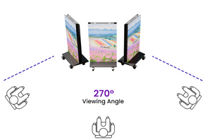 Foldable dual-sided LED poster display by DJ And Photo Booth Supply showing a portable digital signage screen with vibrant visuals.