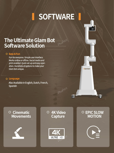 Screenshot of Pho Print Glambot photo booth with Oscars-style robot arm for event and wedding video booths.