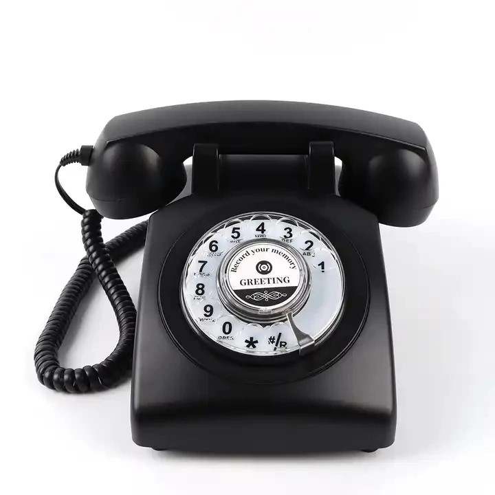Black Audio Guest Book Wedding Phone with Rotation Dial by DJ And Photo Booth Supply, showing the vintage-style device with dial and microphone.
