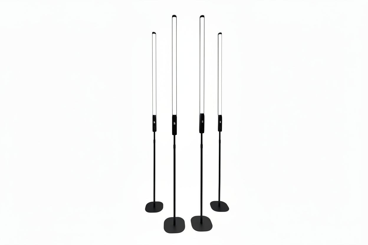 Set of four black 360 tube light stands with a carrying bag for LED tube lights, ideal for DJ and photo booth lighting setups.