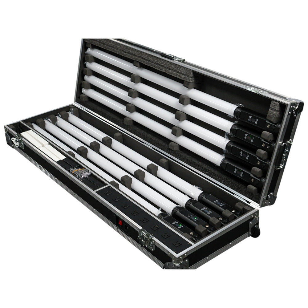 Four Both Lighting 360 LED Tube Lights in a black soft bag, wireless battery-powered RGBWA DJ and photo booth lighting setup.