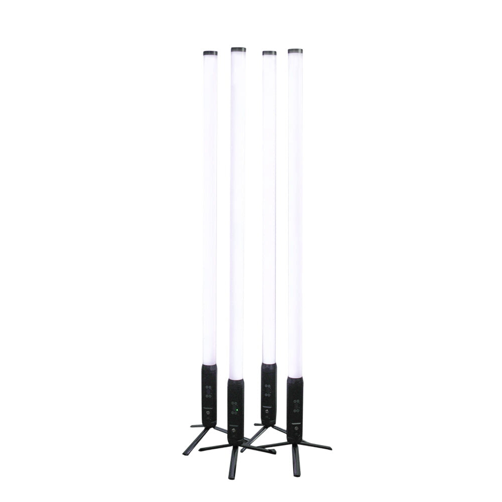 Four wireless Both Lighting 360 LED Tube Lights in a black soft bag, ideal for DJ and photo booth lighting with RGBWA color options.