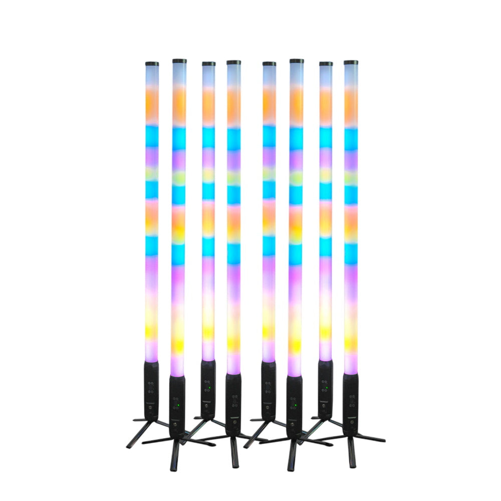 Four Both Lighting 360 LED Tube Lights in a black soft bag, wireless battery-powered RGBWA DJ and photo booth lighting setup.