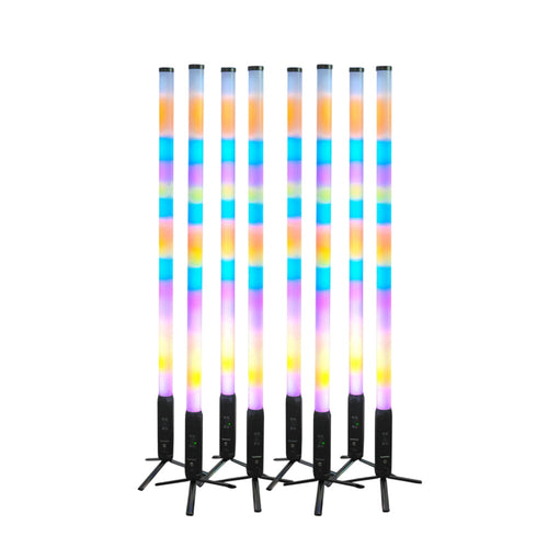 Four Both Lighting 360 LED Tube Lights in a black soft bag, wireless battery-powered RGBWA DJ and photo booth lighting setup.
