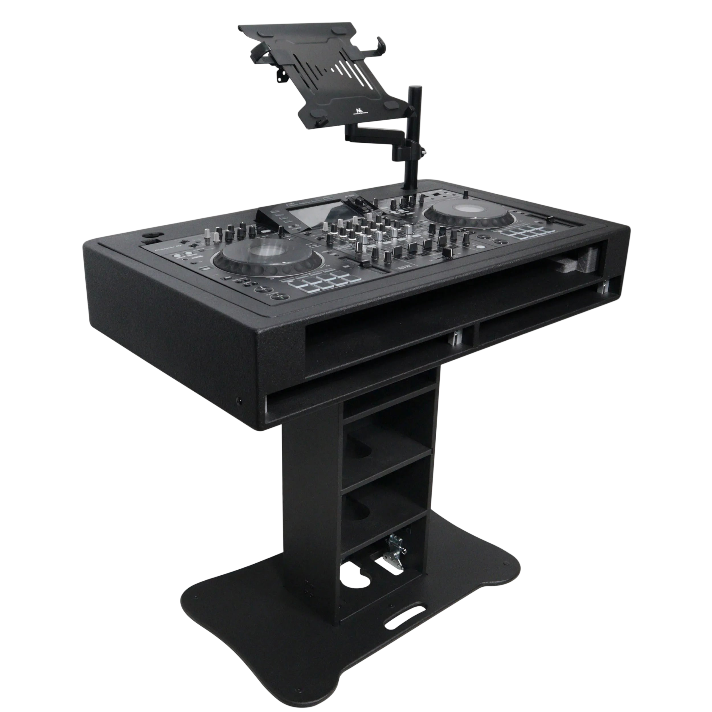 Black ProX Control Tower DJ Podium by DJ And Photo Booth Supply, custom-built professional DJ booth with multiple control surfaces
