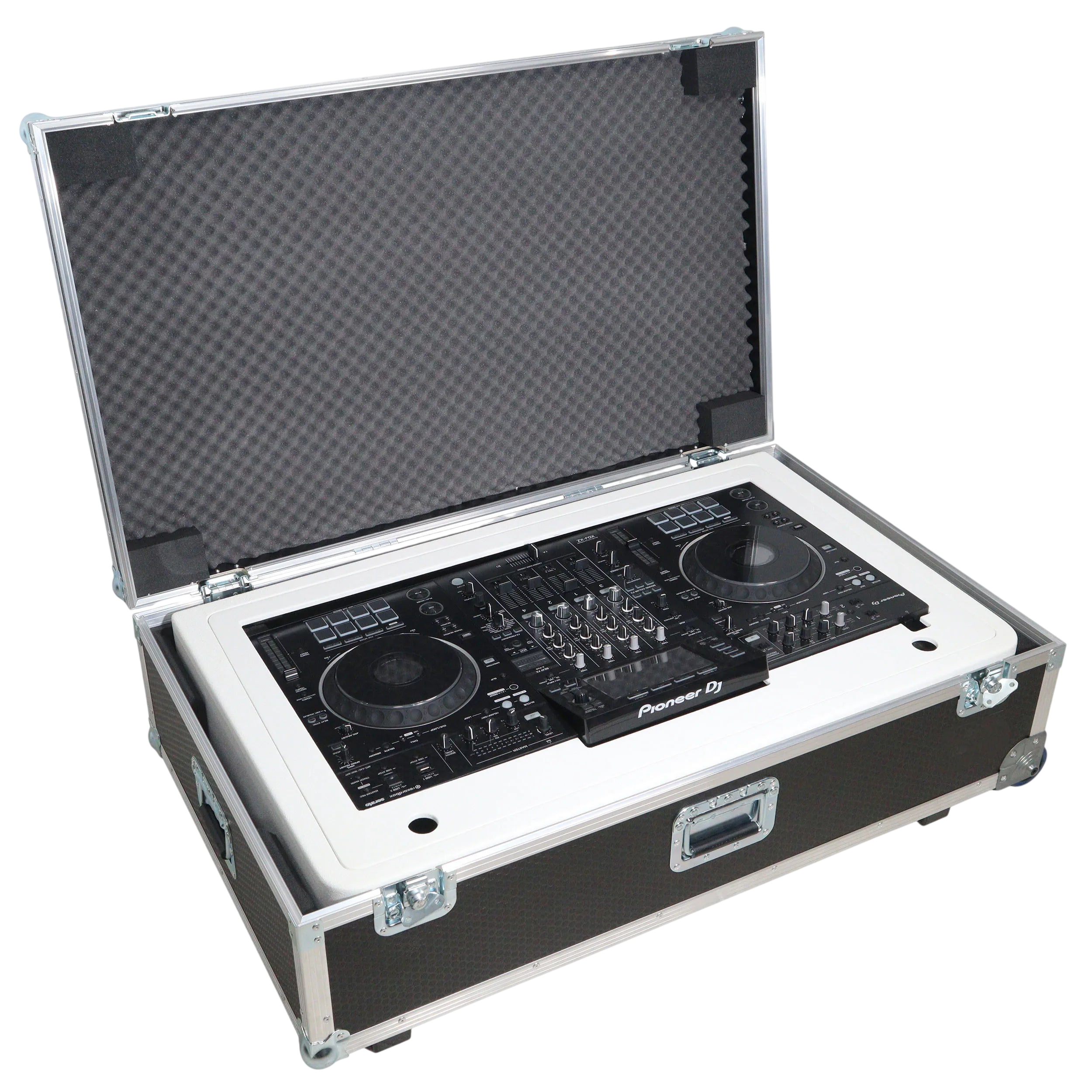 Black ProX Control Tower DJ Podium, custom-built professional DJ booth with control surface and sturdy support structure.