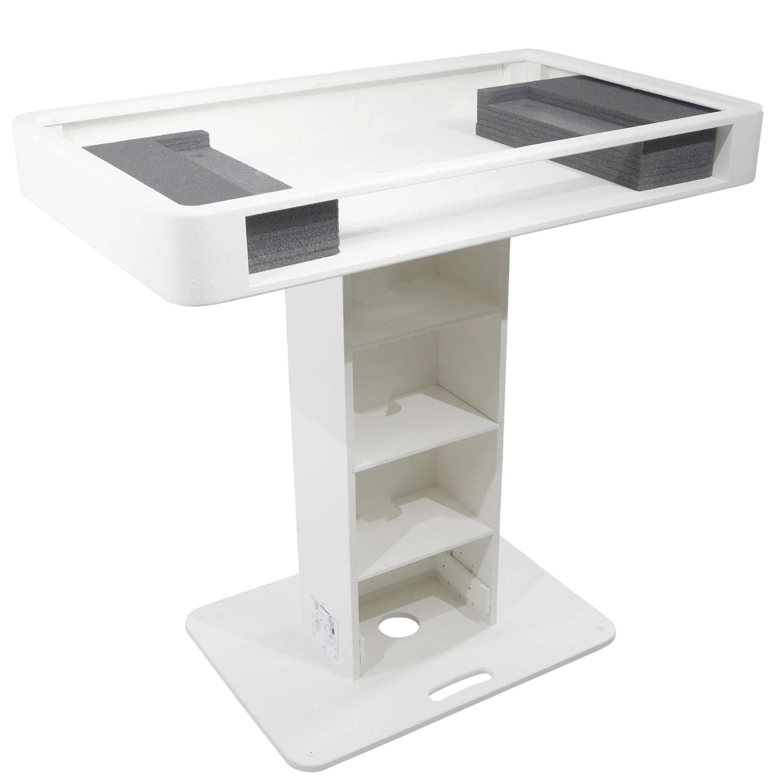 Black ProX Control Tower DJ Podium, custom-built professional DJ booth with sleek design and ample workspace.