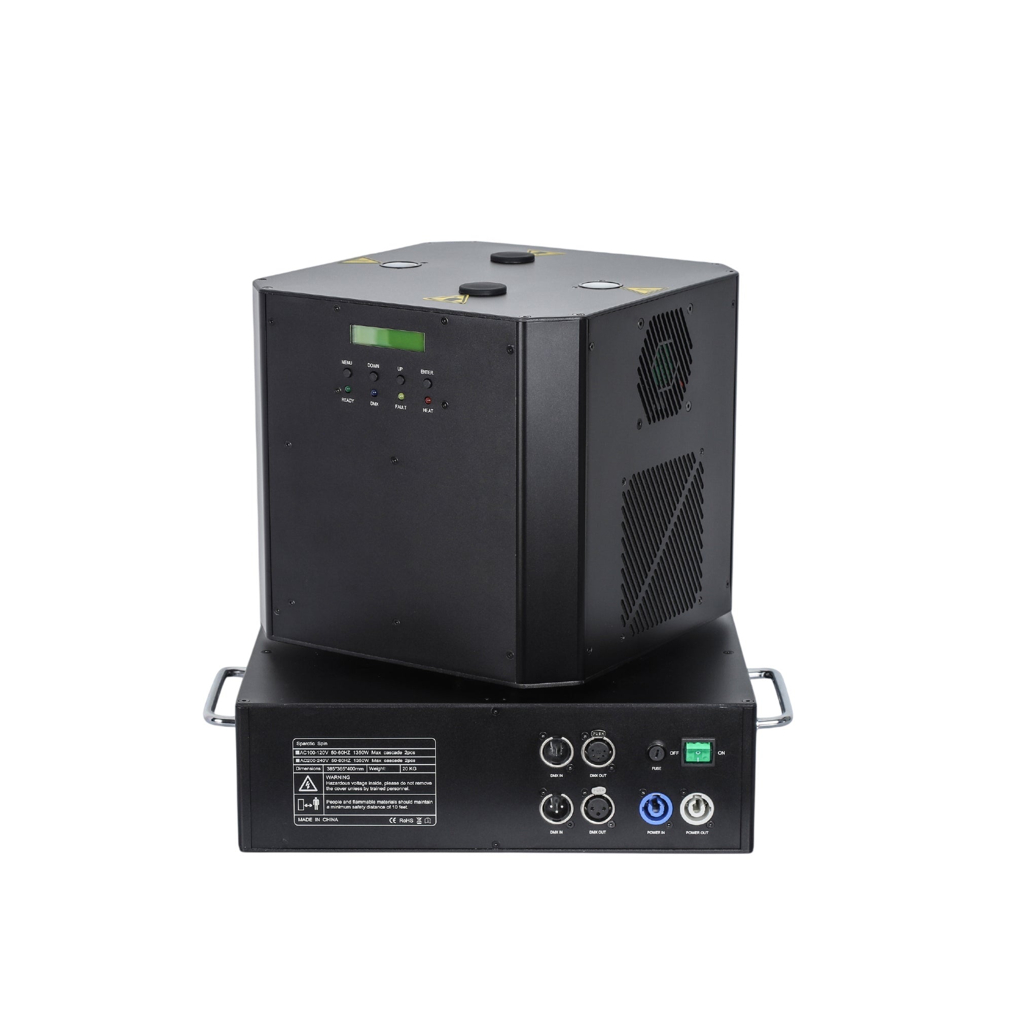 Black Tundra SP1300 dual rotating cold spark fountain machine with wireless operation and 360° spinning for events.
