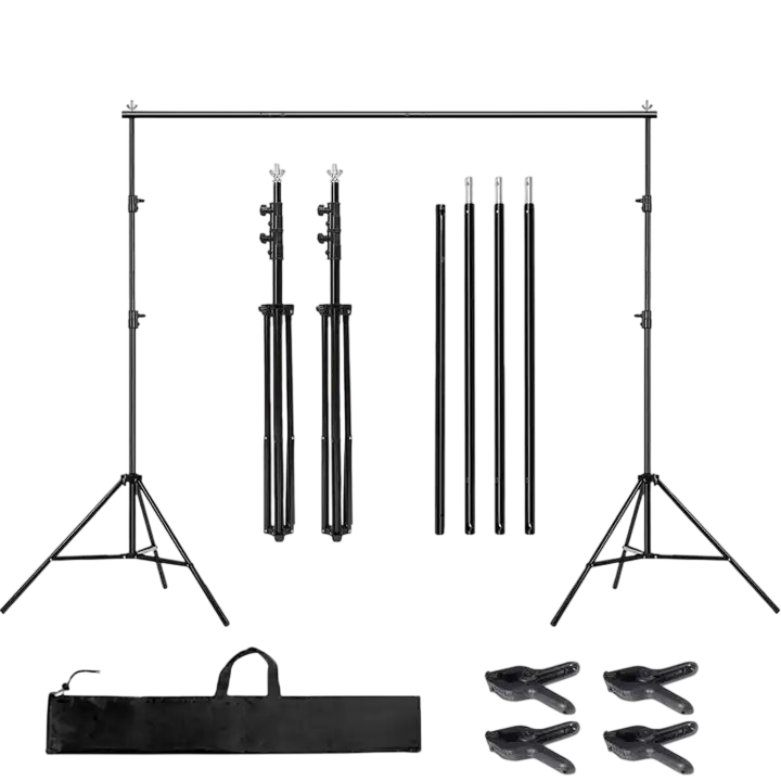 Heavy-duty 10x10 ft adjustable backdrop stand for photo booths and studio setups, featuring sturdy metal construction and adjustable height.