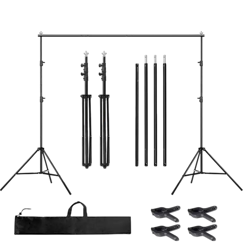 Heavy-duty 10x10 ft adjustable backdrop stand for photo booths and studio setups, featuring sturdy metal construction and adjustable height.
