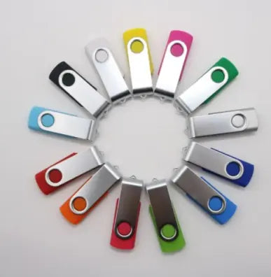 Pack of USB flash drives arranged in a circle, assorted colors with metal key rings