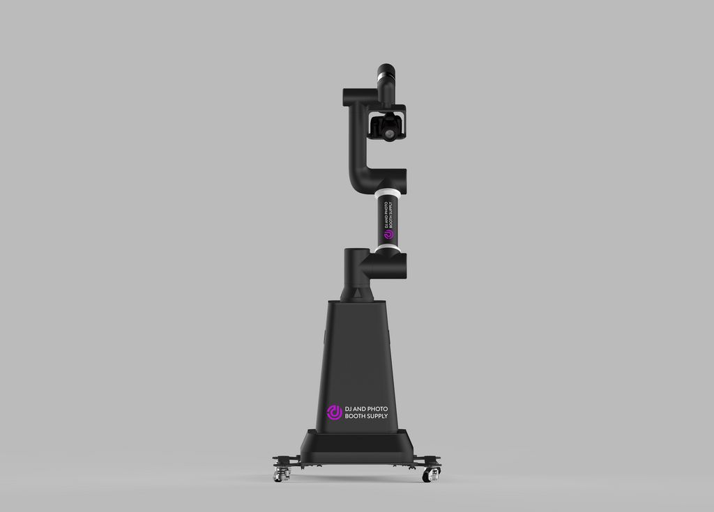 Pho Print Glambot photo booth with robot arm for events, featuring slow-motion, 360-spin, and boomerang video effects.