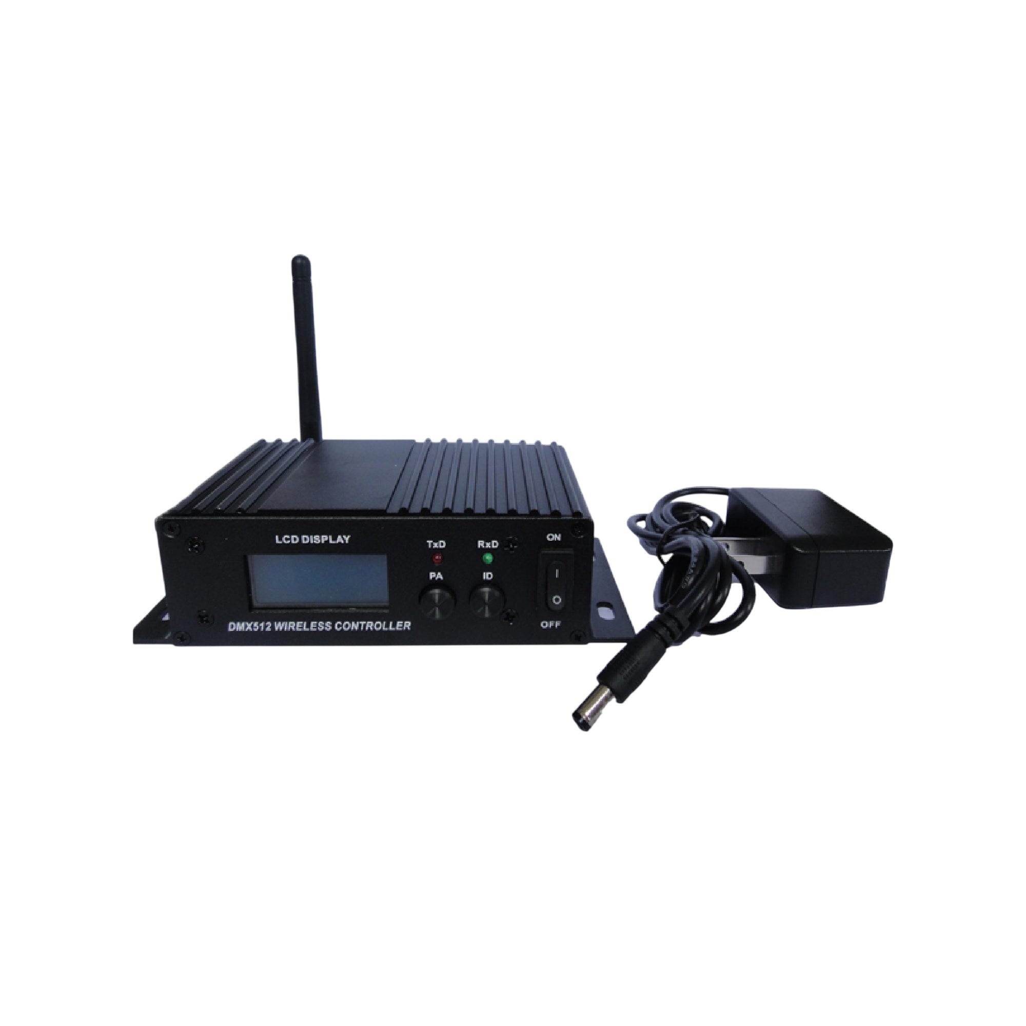 DMX Transmit Pro wireless DMX transmitter and receiver for event lighting, used in professional lighting setups.