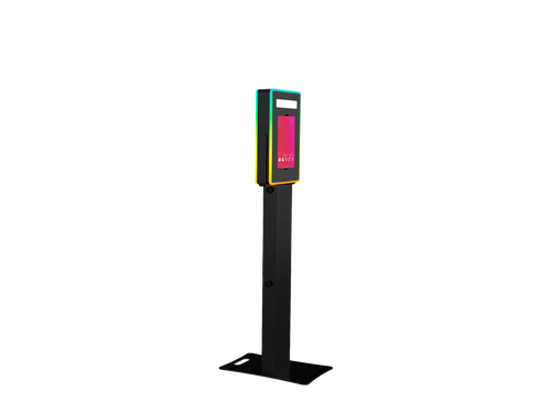 Photo booth stand with iPad holder showing a pink screen and RGB LED frame