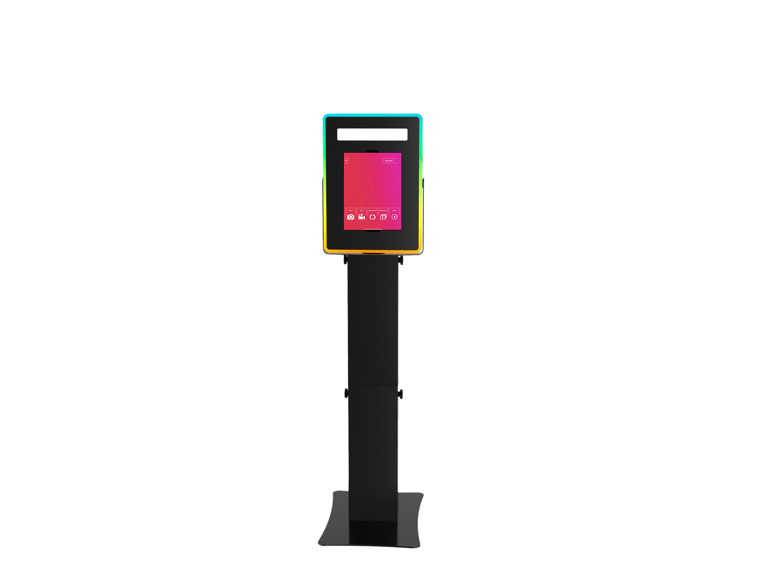 iPad Fusion Photo Booth with RGBW LED color-changing frame, used for interactive photo sessions and event entertainment.