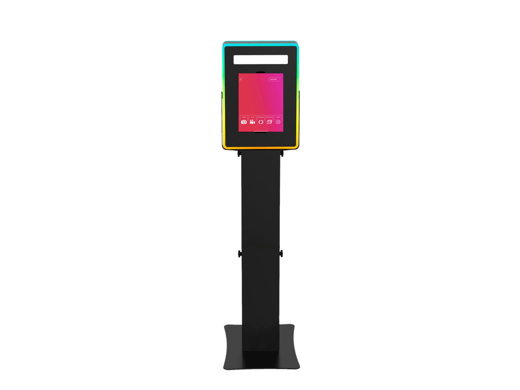 iPad Fusion Photo Booth with RGBW LED color-changing frame for interactive photo sessions, by DJ And Photo Booth Supply.