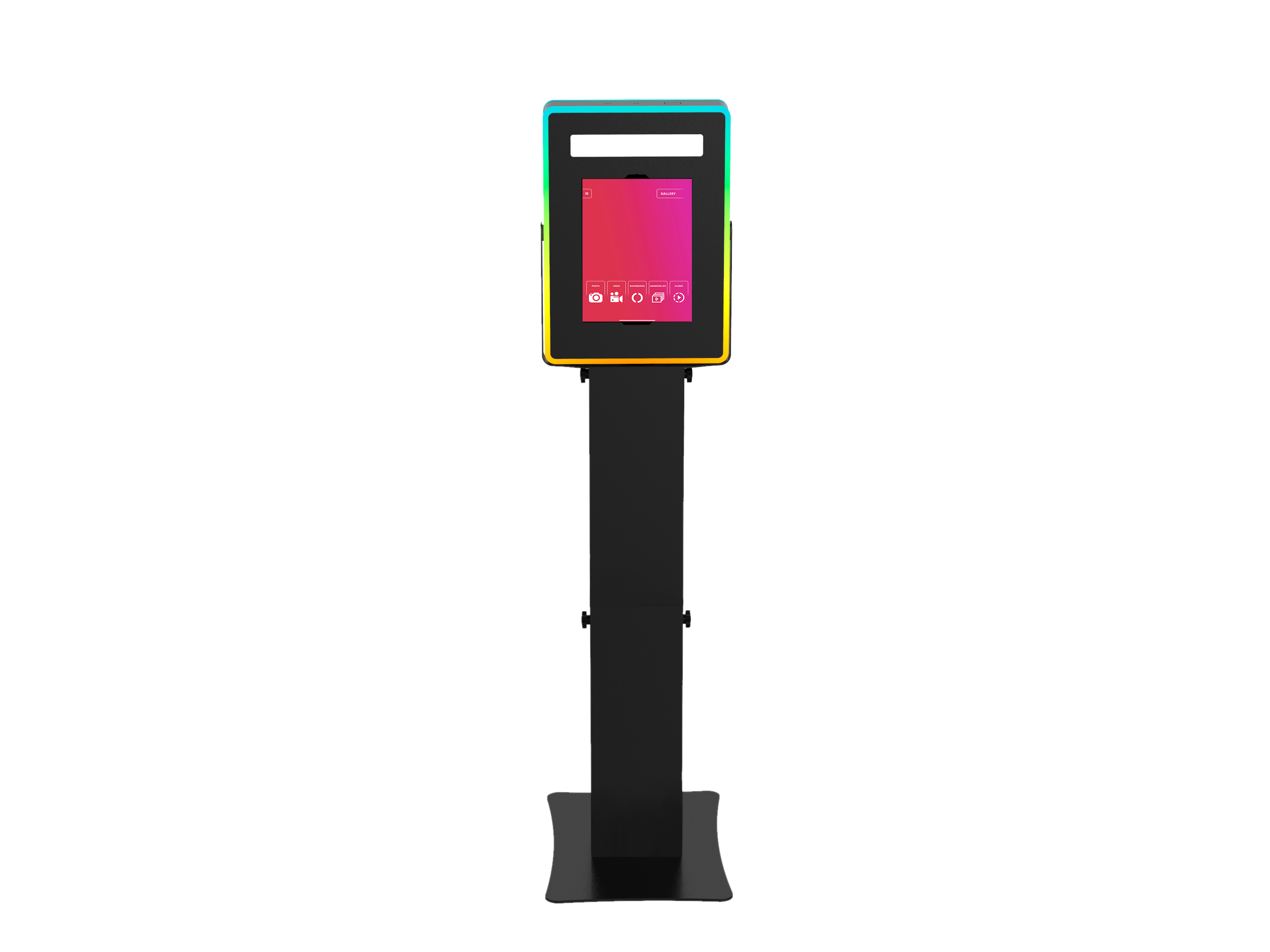 iPad Fusion Photo Booth with RGBW LED color-changing frame for interactive photo sessions, by DJ And Photo Booth Supply.