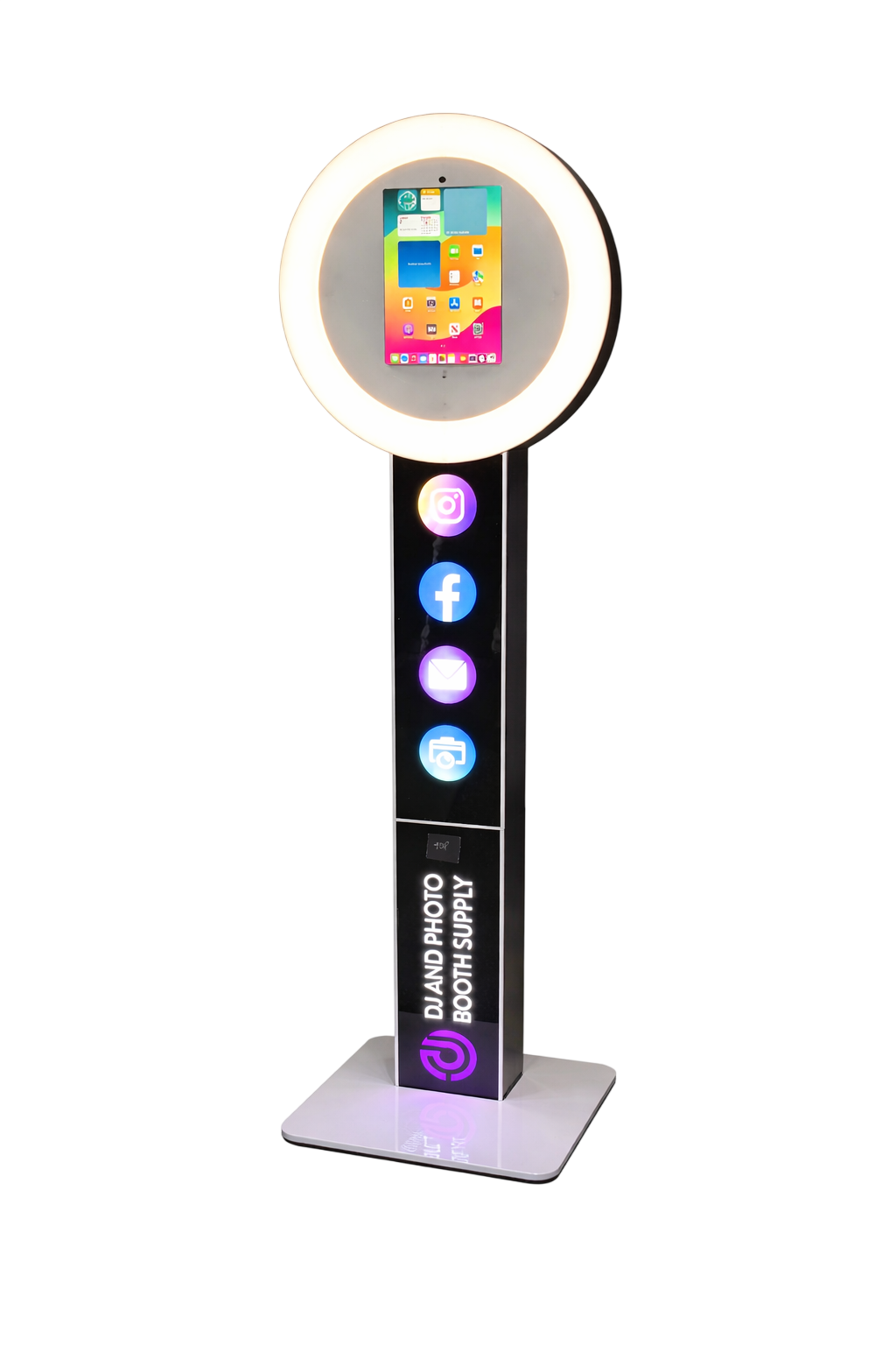 Portable round ring light designed for iPad photo booths, providing even lighting for photos and videos.