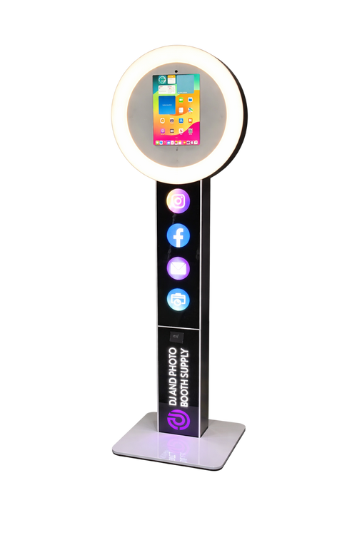 Portable round ring light designed for iPad photo booths, providing even lighting for photos and videos.