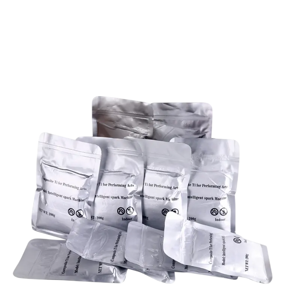 Cold Spark Powder from DJ And Photo Booth Supply with titanium alloy granules for cold spark machines, shown in a pack.