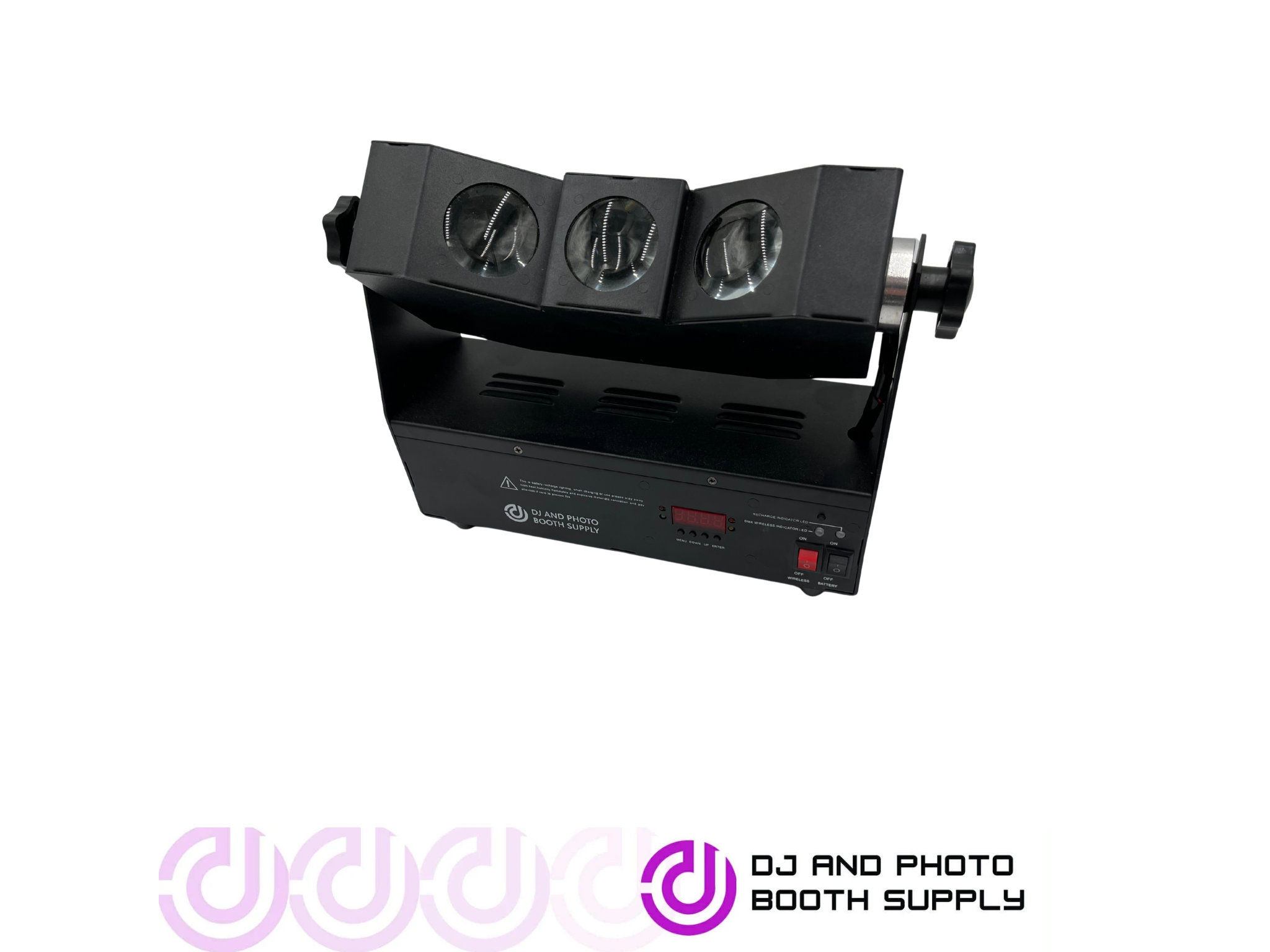 Both Lighting Aura Tri-Beam LED Uplight, a wireless DJ fixture with three beams, designed for vibrant uplighting and stage effects.