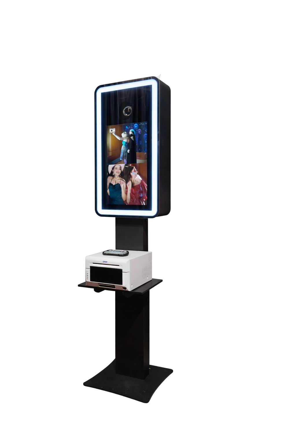 Open DJ And Photo Booth Supply mirror photo booth with touch screen, DSLR camera, and sturdy road case for events and photography.