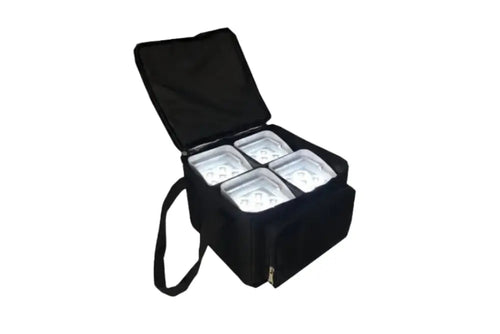 Wireless uplight in black padded case, open to show illuminated LED modules.