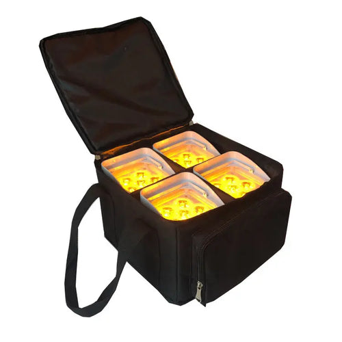 Wireless uplight in black padded case, open with amber-lit LED modules.