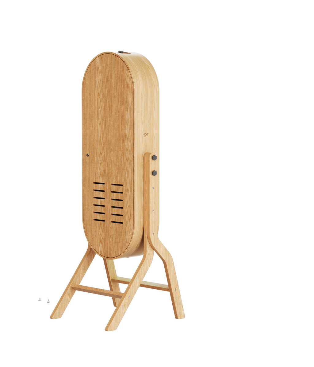55-inch wood mirror photo booth with 21.5-inch touch screen and printer stand, ideal for events and photo sessions.