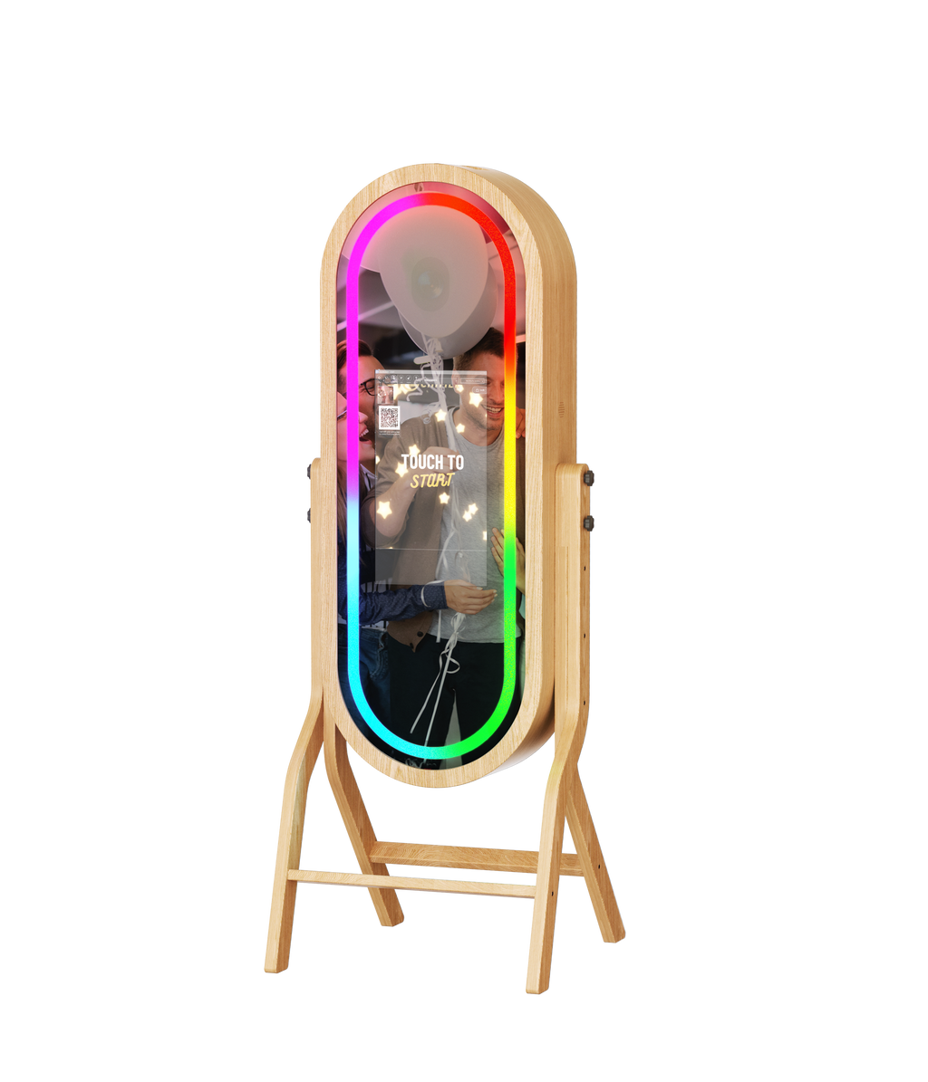 55-inch wood mirror photo booth with 21.5-inch touchscreen, DJ & Photo Booth Supply, featuring sleek design and photo printing stand.
