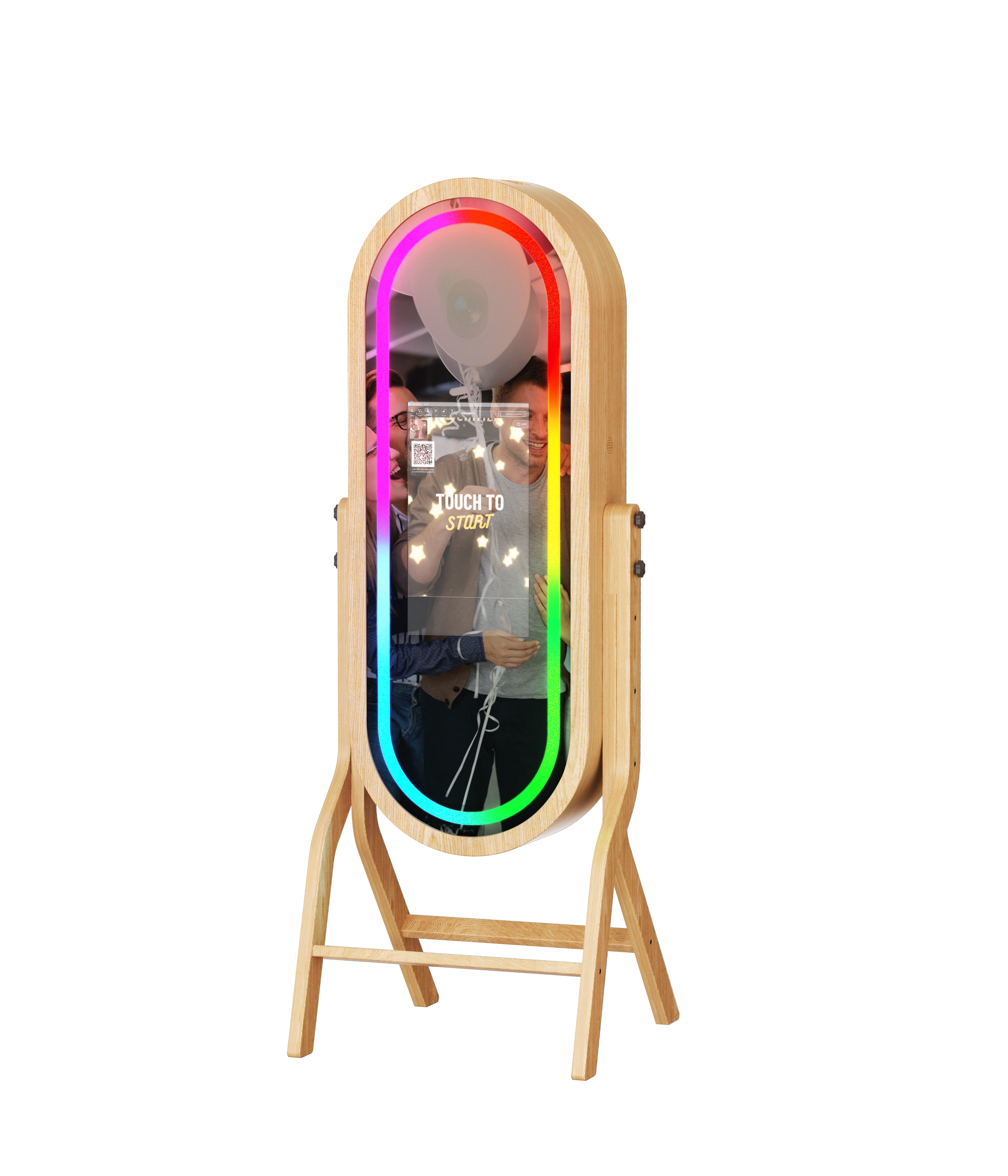 55-inch wood mirror photo booth with 21.5-inch touchscreen, DJ & Photo Booth Supply, featuring sleek design and photo printing stand.