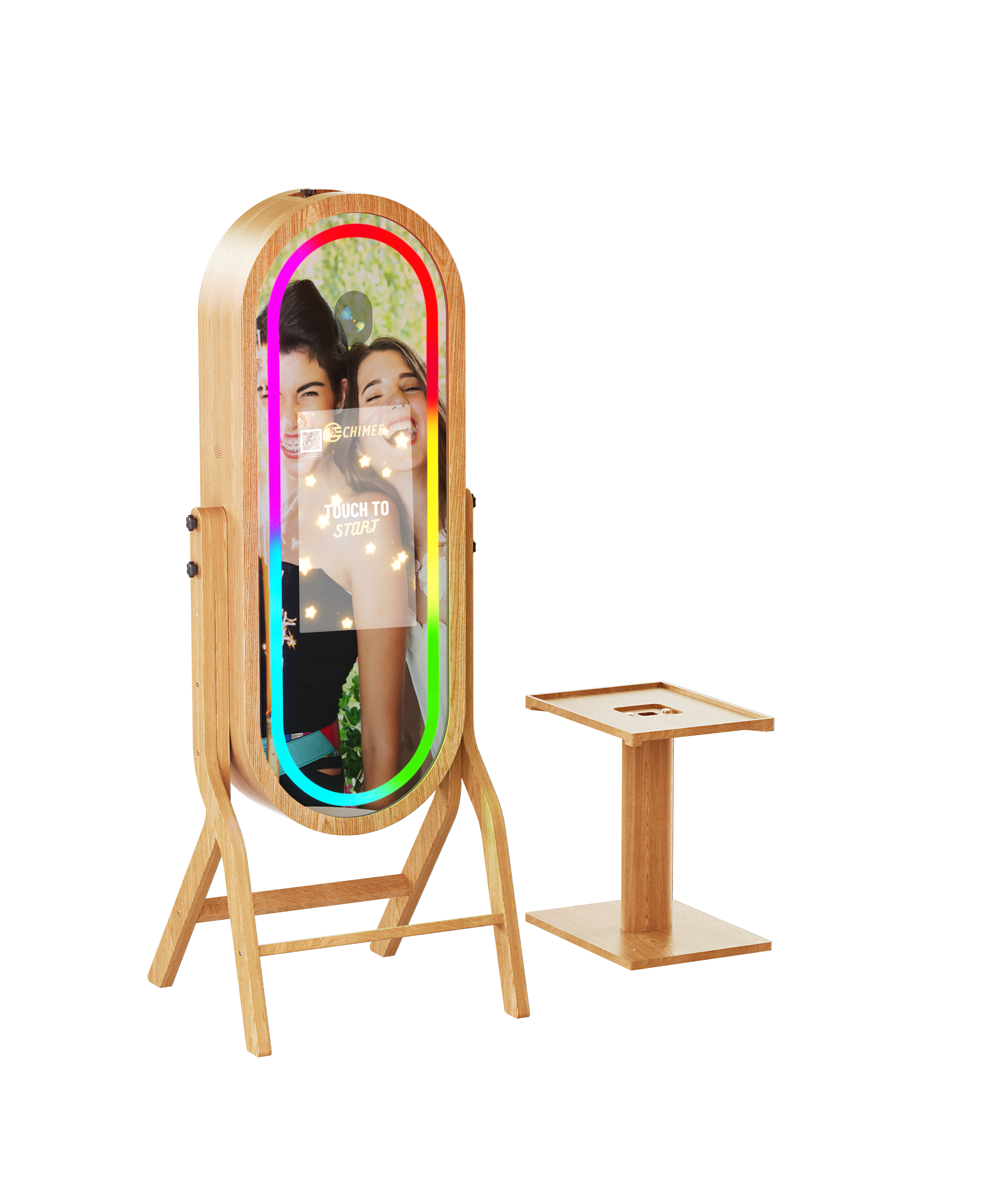 55 inch wood frame mirror photo booth with 21.5 inch touch screen, ideal for DJ and event photo booth setups.