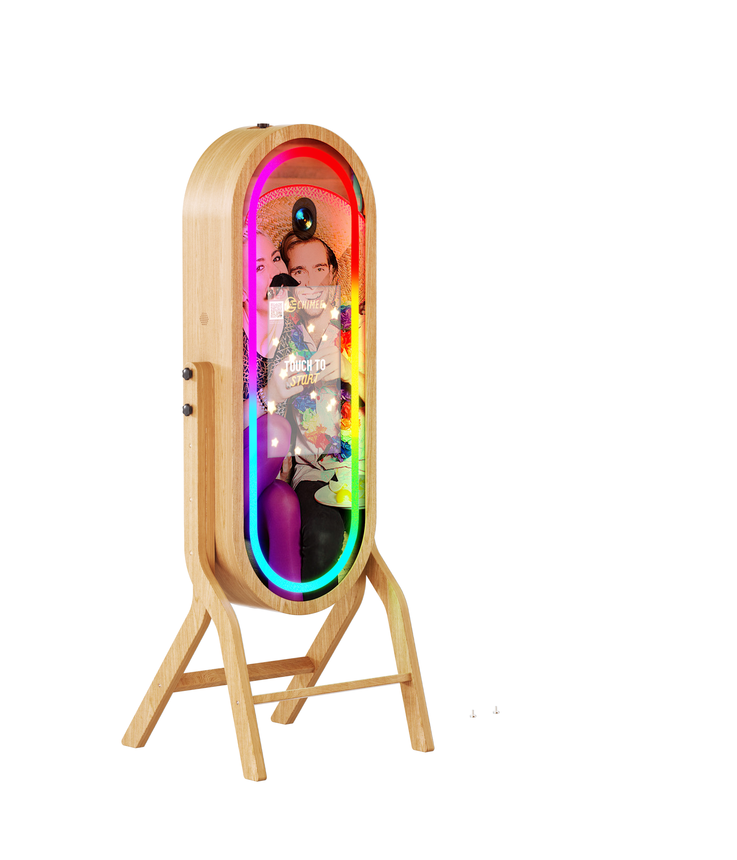 55-inch wooden mirror photo booth with 21.5-inch touch screen, ideal for event photography and interactive entertainment.