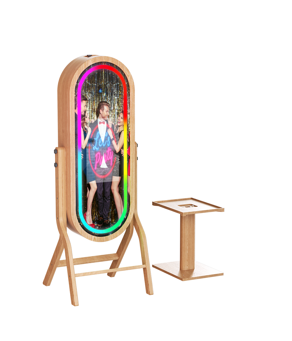 55-inch wood mirror photo booth with 21.5-inch touch screen, ideal for events and entertainment by DJ & Photo Booth Supply.