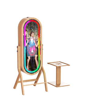 55-inch wood-frame mirror photo booth with a 21.5-inch touch screen for DJ & Photo Booth Supply, featuring a sleek, modern design.