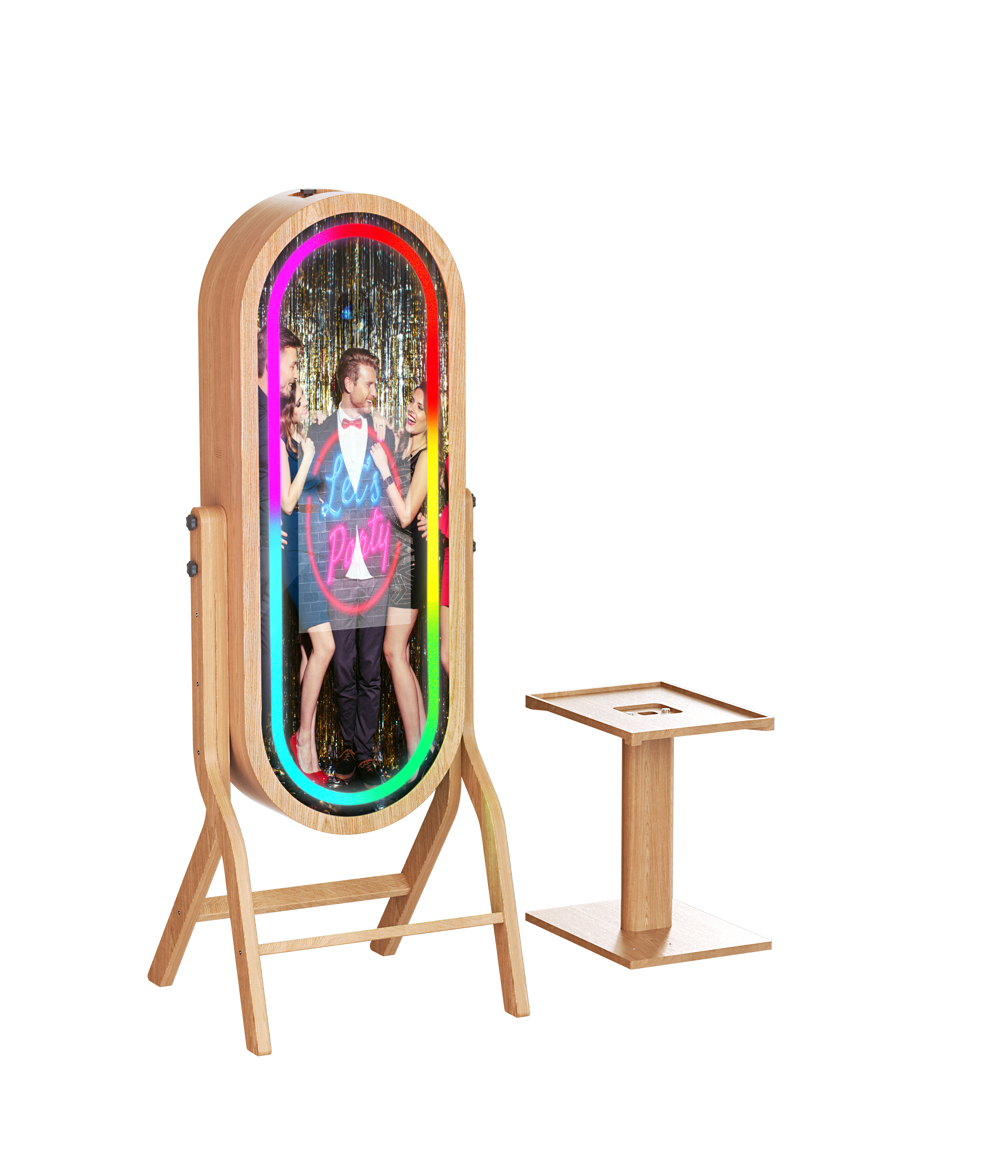 55-inch wood mirror photo booth with 21.5-inch touch screen, ideal for events and entertainment by DJ & Photo Booth Supply.