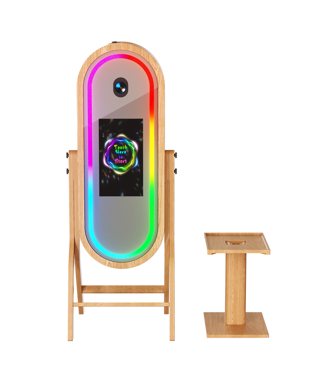 55-inch wood mirror photo booth with 21.5-inch touch screen and printer stand, ideal for events and photo sessions.