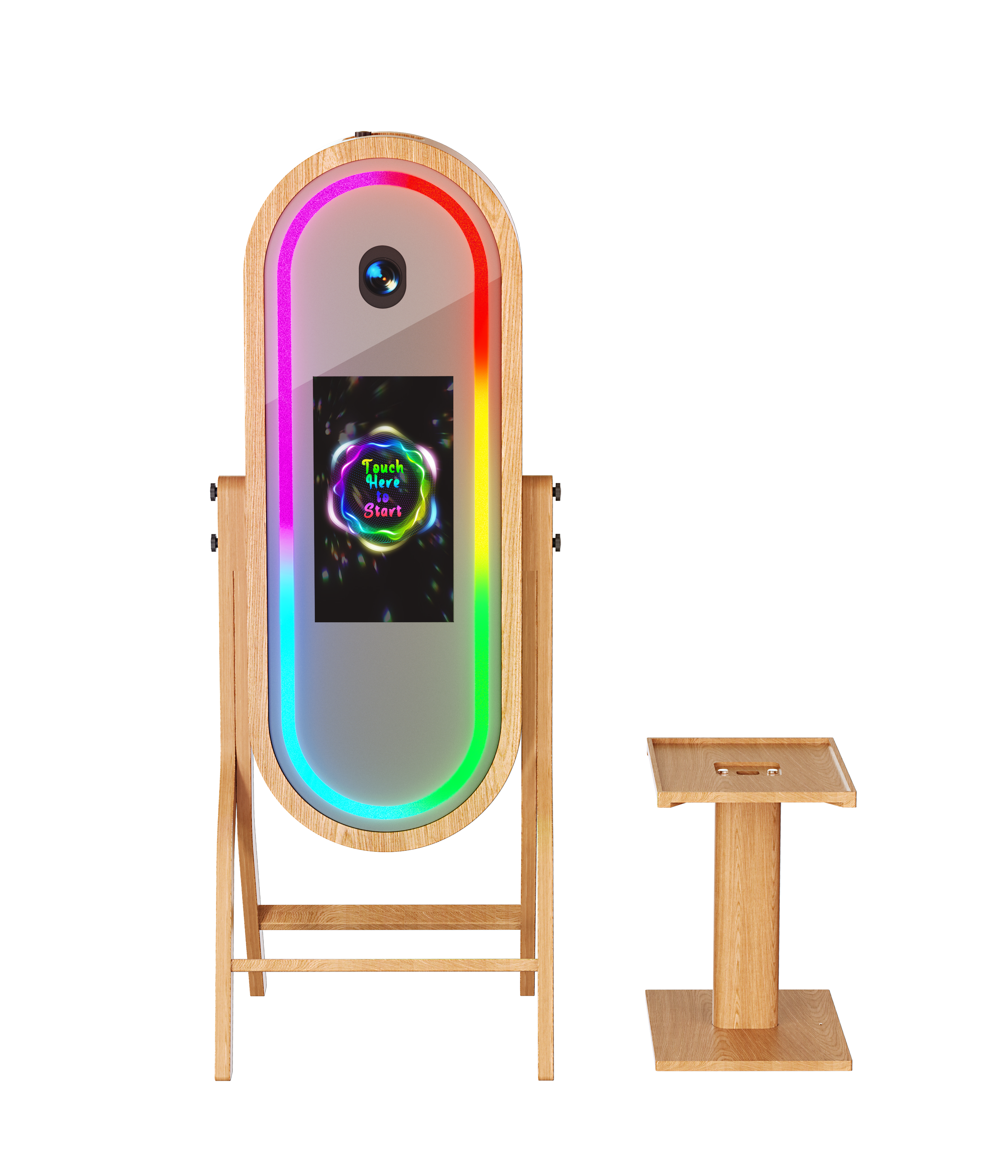 55-inch wood mirror photo booth with 21.5-inch touch screen and printer stand, ideal for events and photo sessions.