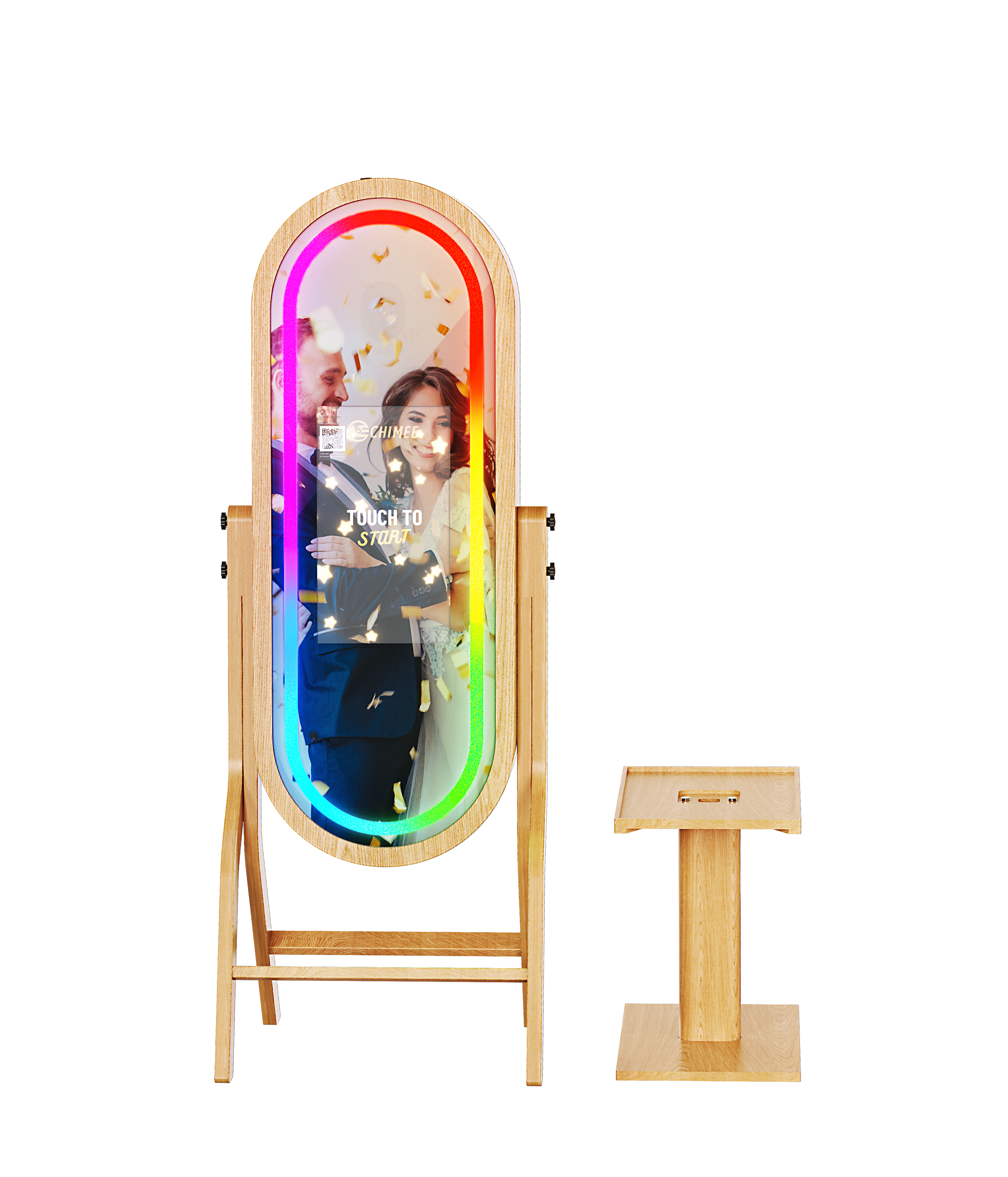 55-inch wood frame mirror photo booth with 21.5-inch touchscreen display, ideal for events and photo sessions.